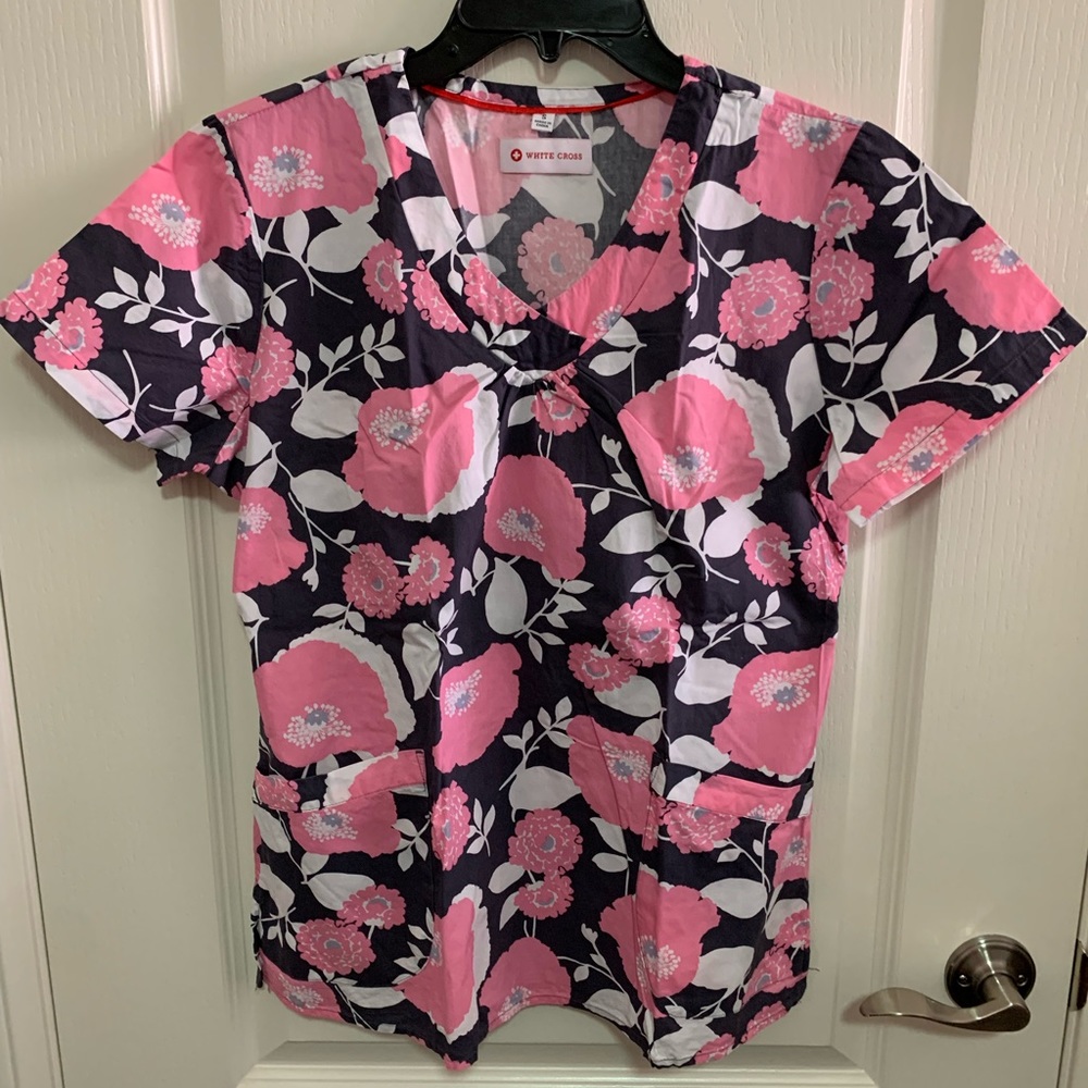 White Cross Floral Scrub Top